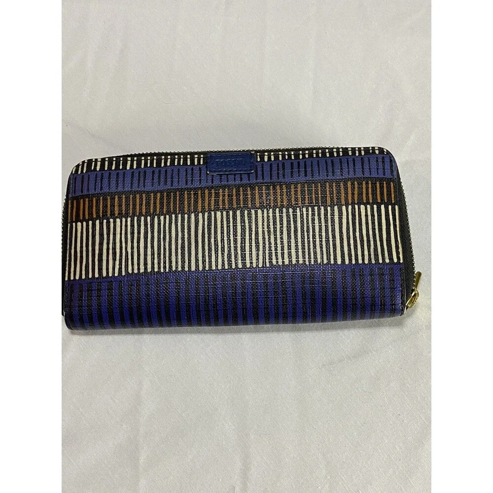 Fossil zip wallet Clutch blue Multi Color pattern card holder change pocket
